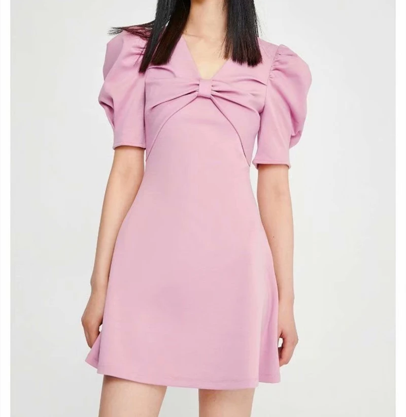 

Splend Moda 2021 French Dress Sweet Summer New Dress For Women Bowknot Puff Sleeve V-Neck High Waist A-Line Dresses Solid Color