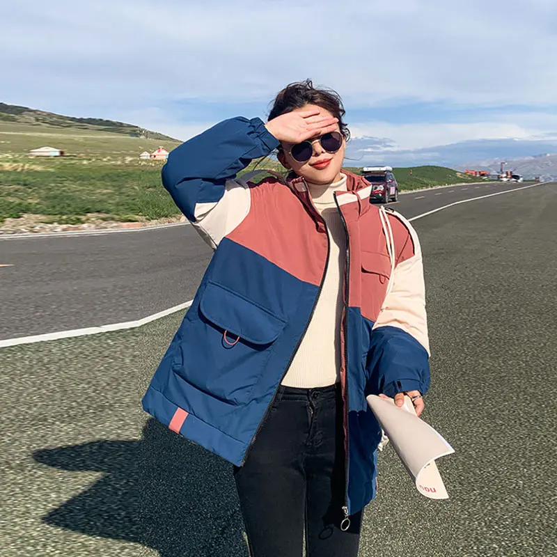 

2021 Winter New Tooling Jacket Women's Cotton Coat Loose Overcoat Fashion Color contrast cotton Thicken Warm Windproof Outwear