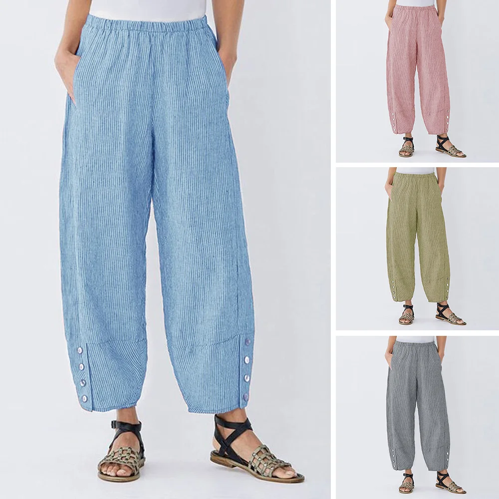 Women Casual Striped Harem Pants Vintage Loose Elastic Waist Trousers Pockets Button Asymmetrical Plus Size Wide Legs | Женская одежда