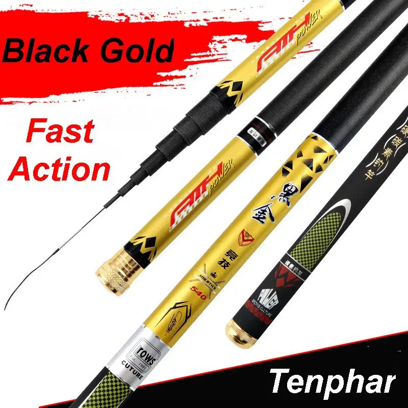 Tenphar BLACK GOLD Series Telescopic Fishing Rod Fast Action Superhard Superlight Hi-Carbon Fiber 5.4M 118g with 2 Tips