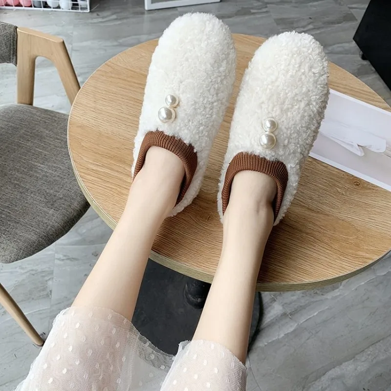 Туфли женские на плоской подошве модные теплые мягкие плюшевые комнатные