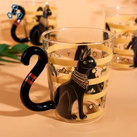 classical creative design hand made black cat totem glass water cup with handle glass for milk juice mugs coffee cups