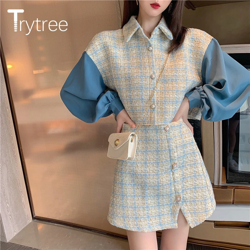 Trytree/2019 осенне зимний женский костюм из двух предметов повседневный топ в клетку