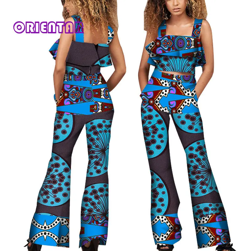 

African Clothes for Women African Print Tops and Pants Set Women Sexy Crop Tops and Long Pants Trousers Large Size M-6XL WY4671