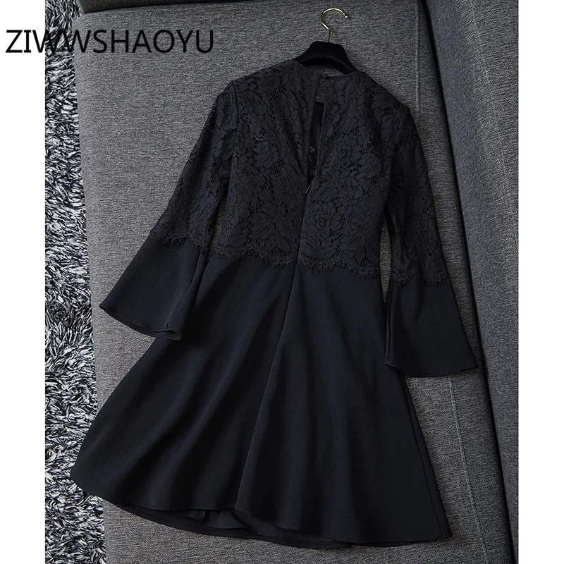 

ZIWWSHAOYU Fashion Women's Autumn Winter Runway Red Lace Dress Elegant Flare Sleeve Splicing Party Short Dresses Vestdios