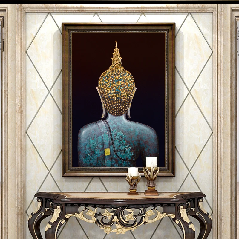 

Buddhist Retro Holy Buddha Background Oil Painting Tea Room Zen Worship Painted Gold Mural Home Wall Printing Poster Decoration