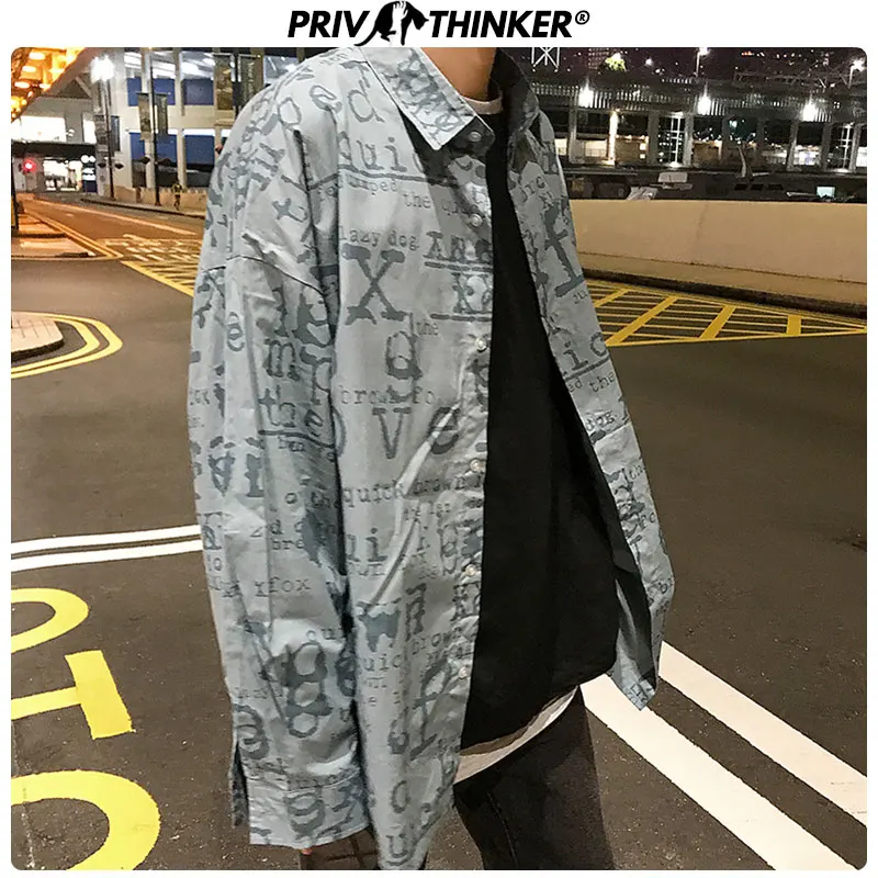 Мужская винтажная рубашка Privathinker с буквенным принтом Повседневная длинным