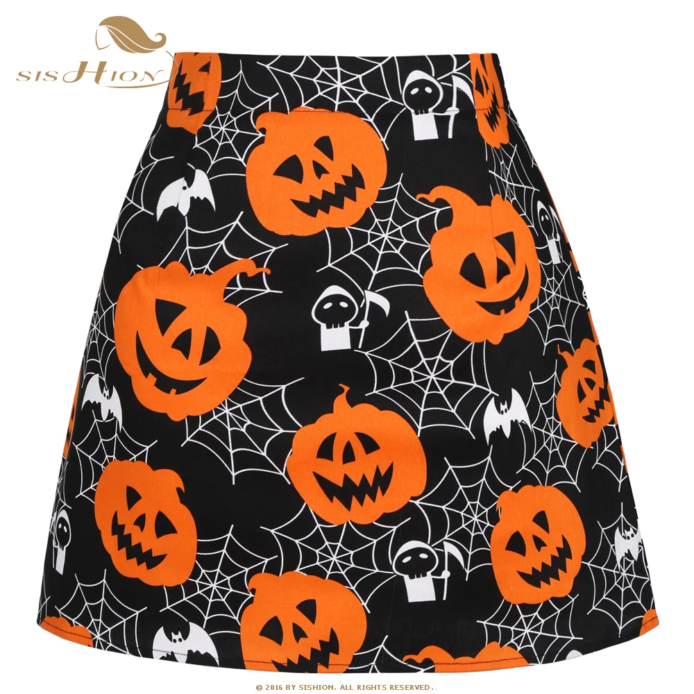 

SISHION 2021 Summer Gothic Party Sexy Skirt SS0008 Women Ladies Mini Skirt Black Pumpkin Print Short Cotton Skirts Womens