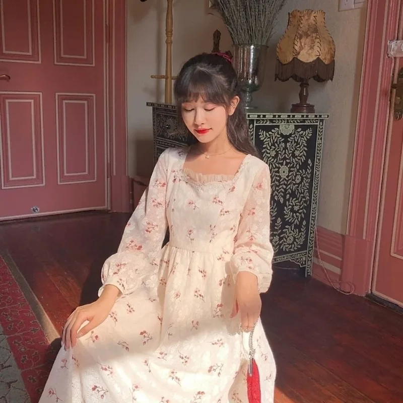 

White Floral Dress Women Elegant Print Sweet Party Dress Female Kawaii Korean One-piece Dress Women's Clothing Autumn 2021