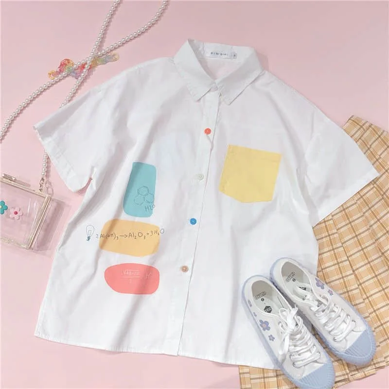 

Japanese Blouse Women Clothing Shirts Girl Childlike Shirt Loose College Style Tops Short Sleeve Vitality Color Matching Pocket