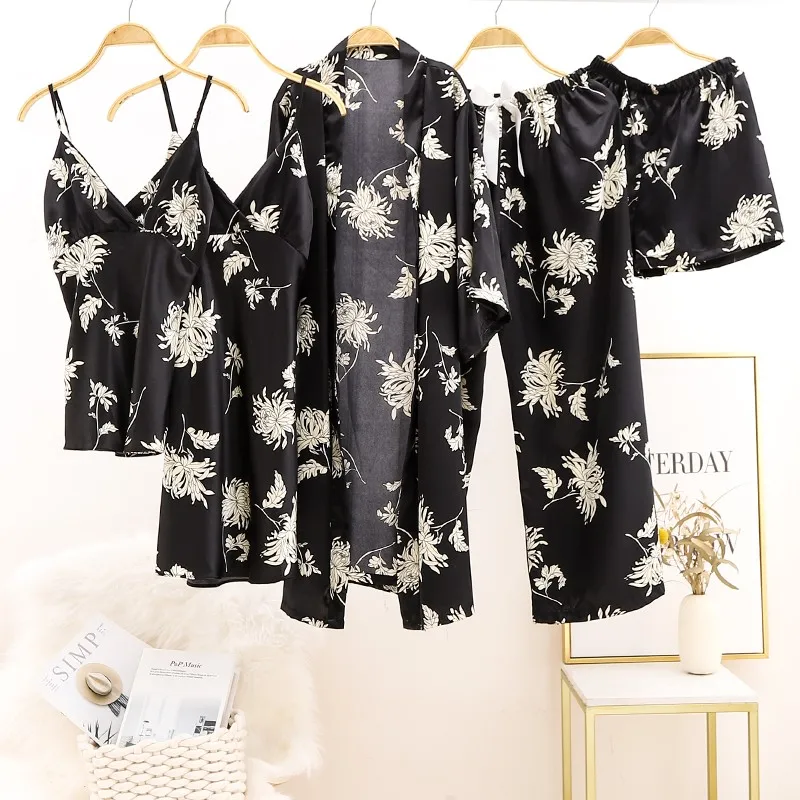 

Women Sleepwear Lounge Wear Faux Silk Pajamas Satin Nightgown Kimono Bathrobe Gown Sexy Print 5PCS Intimate Lingerie Homewear