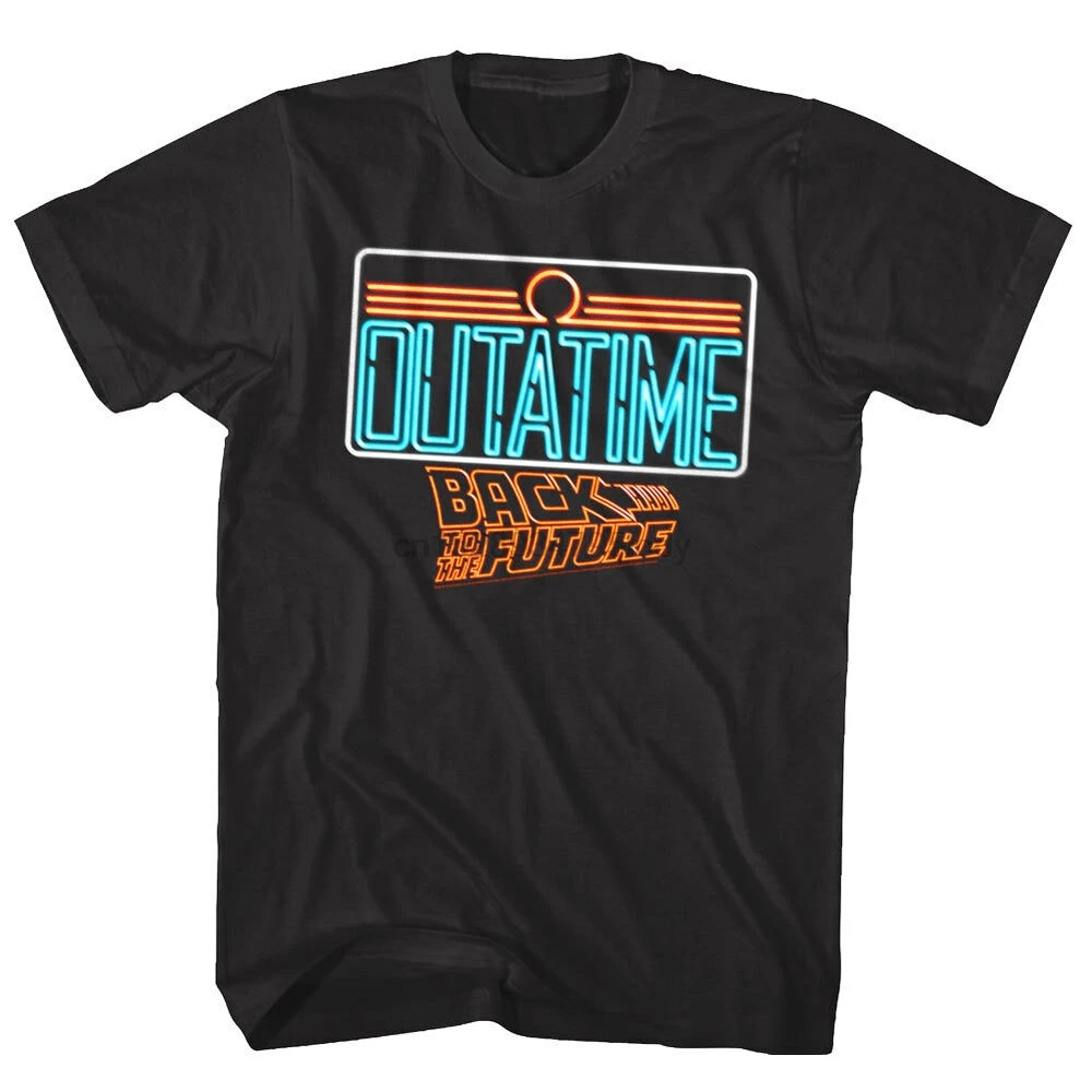 

Back to The Future Neon OUTATIME License Plate Mens T Shirt Tag DeLorean Logo