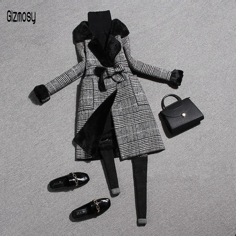 Новое осенне-зимнее женское клетчатое шерстяное пальто модное винтажное