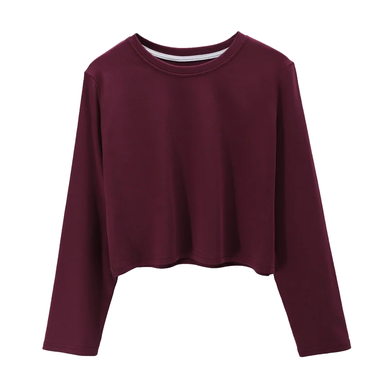 

O-neck Short Top for Women 2021 Spring New Loose Solid Color Purple High Waist Hong Kong Style Spring and Autumn Long Sleeve