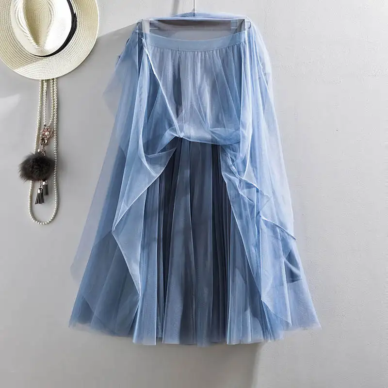 

3 Layers Mesh Tulle Skirt Women Spring Summer Solid Color Elastic High Waist Maxi Long Skirt Jupe Femme Tutu Skirts Womens C6088