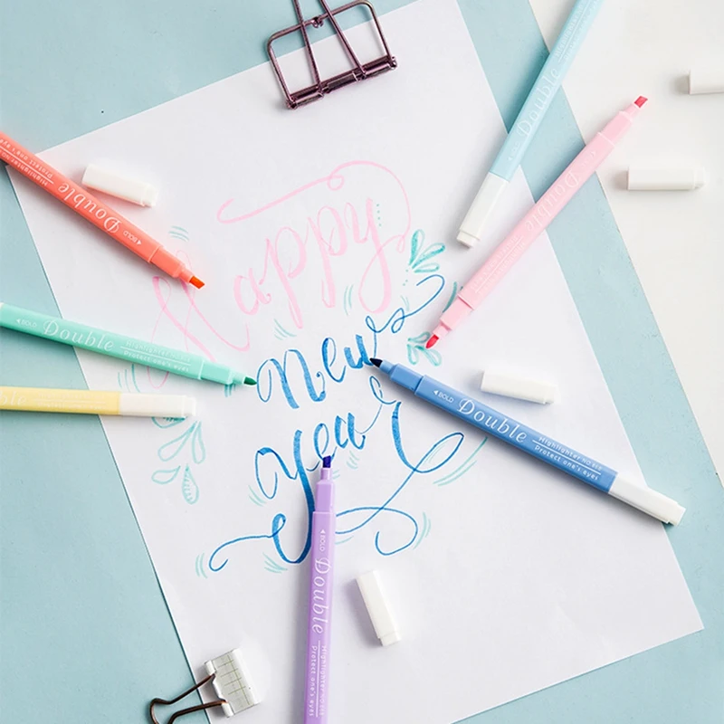 

HK 868 Double-Ended Highlighter Pen Set, Hand Account Painting Oblique Head Round Head Square Bar Color Highlighter Set