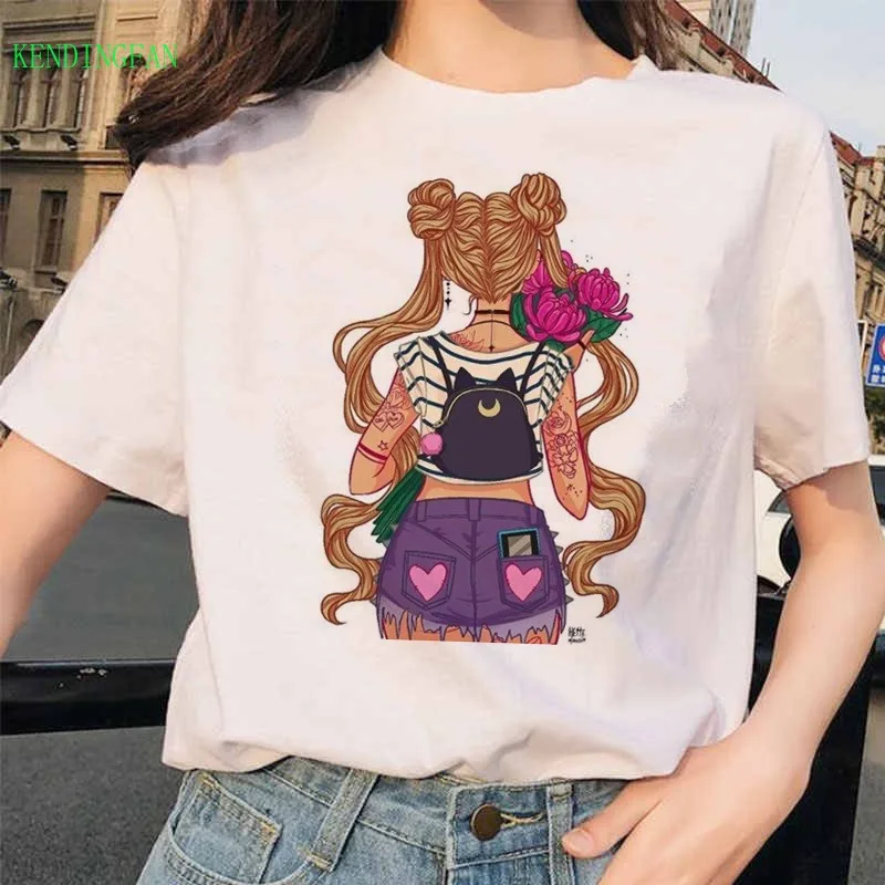 

Cartoon anime moon warrior print T-shirt Women Clothing Kawaii E Girl Graphic Tees Harajuku Shirt Summer Plus Size