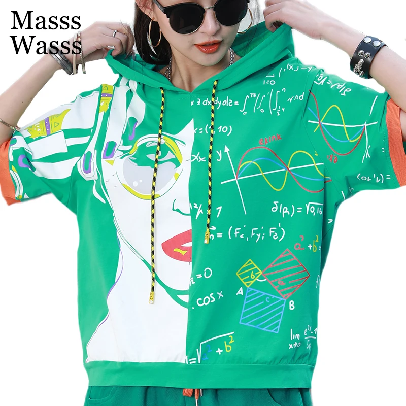 

Masss Wasss Korean Summer Fashion Clothing Womens Casual Printed Design Hooded Tshirts Ladies Vintage Loose Gothic Tee Shirts