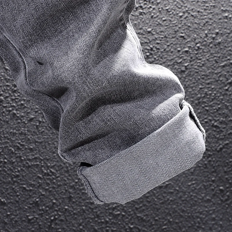 Korean Style Fashion Men Jeans Retro Gray Elastic Simple Casual Denim Pencil Pants Streetwear Spliced Designer Slim Jeans Men