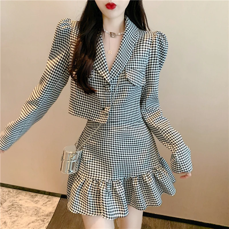 

Retro Short Plaid Suit Fashion Women Cropped Jacket + High Waist Ruffled Mini Skirt Sets Sweet Girls Two Pieces Skirt Suit