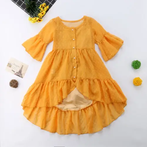 2021 Brand New Princess Fashion Toddler Baby Girls Boho Party Dress Long Flare Sleeve Ruffles Asymmetrical Yellow 1-5Y | Детская одежда