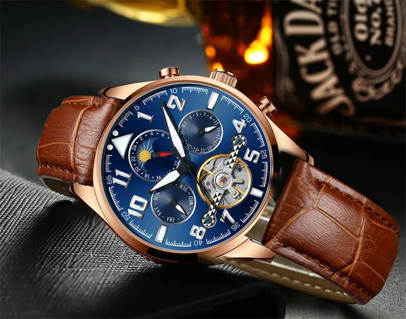 Многофункциональные часы tourbillon для мужчин люксовый бренд Moon фазный Автоматический Механические часы полый маховик мужские часы новые