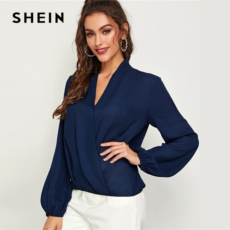Женская офисная блузка SHEIN темно синяя с v образным вырезом и рукавами фонариками