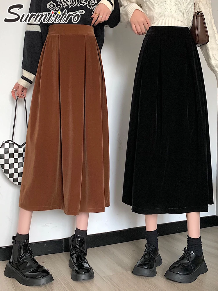

SURMIITRO 2021 зимняя модная черная кофейная бархатная длинная Плиссированная юбка средней длины в Корейском стиле Женская юбка с высокой талией ...