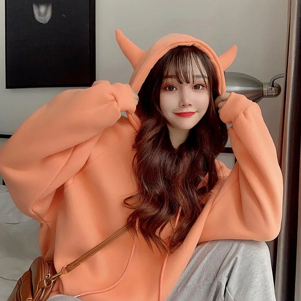 Women's autumn and winter cartoon long-sleeved hoodie cute horn hood oversized loose autumn and winter plush sweatshirt everyday
