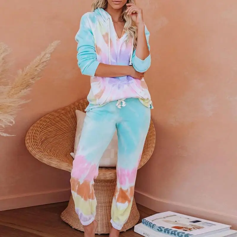

Gradient Color Pajamas Suit Cotton Women New Sleepwear Hooded Long Sleeve Top&Pants Hooded Knitted Casual Home Clothing Set