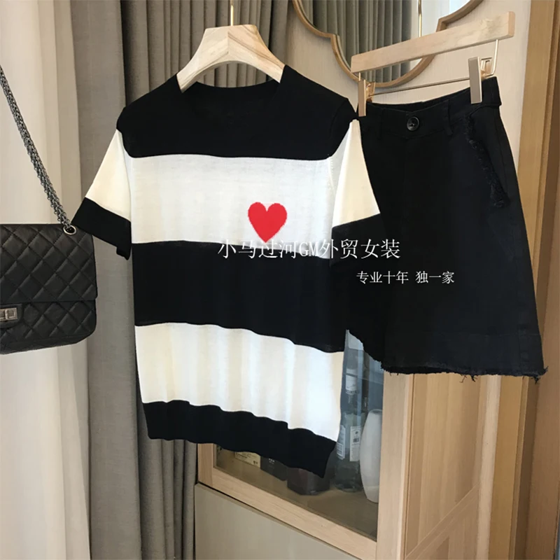 

Korean Vintage Striped Patchwork Love Short Sleeve Knitted Pullover Women 2021 Summer New Thin Round Neck Casual Female T-Shirts