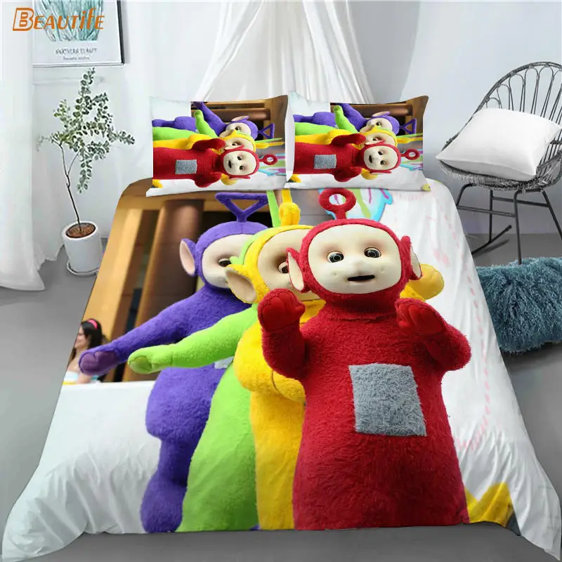 Gran oferta de los Teletubbies animaci&oacute;n 1 edred&oacute;n 2 fundas de almohada de tela de poli&eacute;ster ropa de cama conjunto chico familia chico Set Duvet Cover Set-1