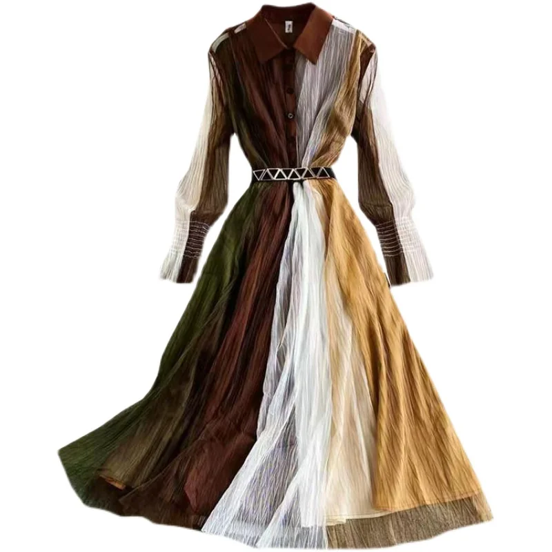 

Женское Сетчатое платье в стиле ретро, дизайнерское платье-трапеция с отложным воротником и длинным рукавом, на пуговицах, модная уличная одежда для осени
