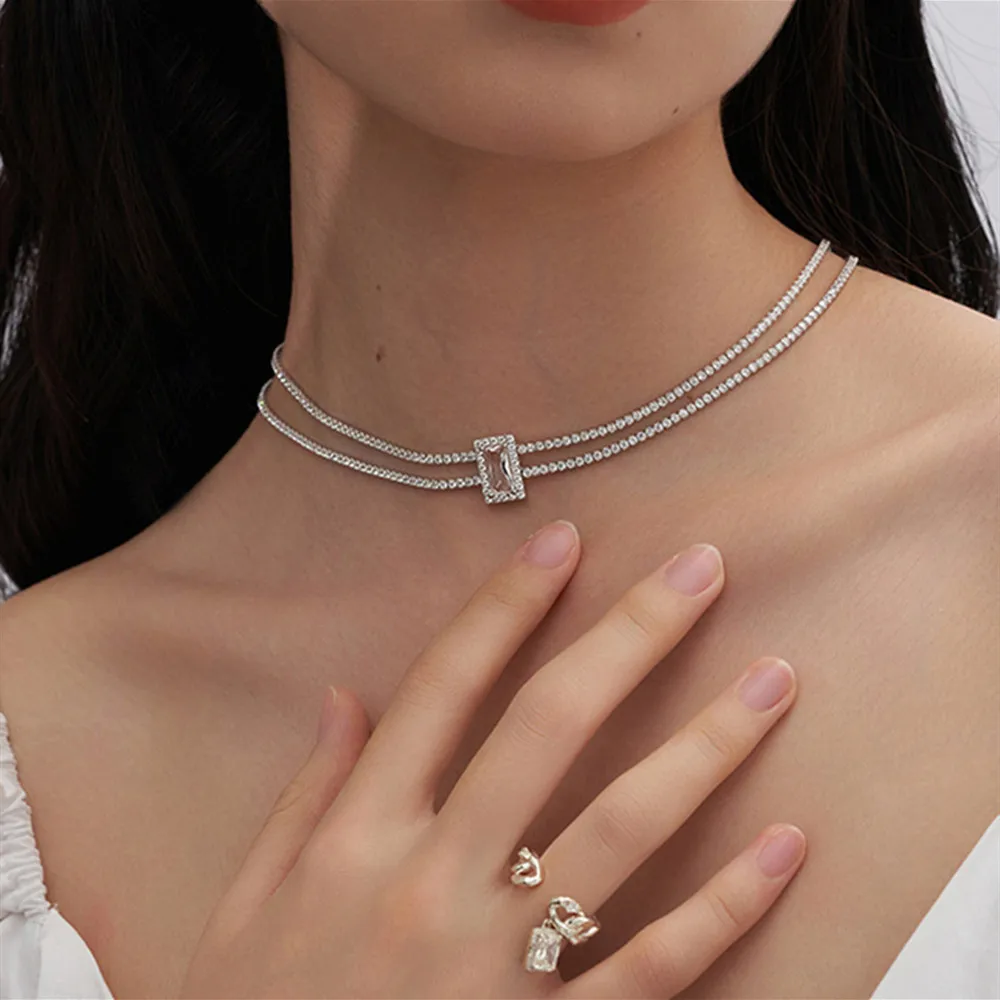 

Korean Retro Square Green Crystal Rhinestone Double Chains Choker Necklace Clavicle Chain Temperament Necklace Collar for Women