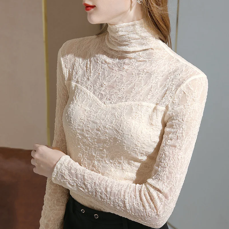 

Turtleneck Lace Bottoming Shirt Women's Autumn and Winter New Long-sleeved T-shirt Fleece Thickened Warmth Pleated Pullover Top