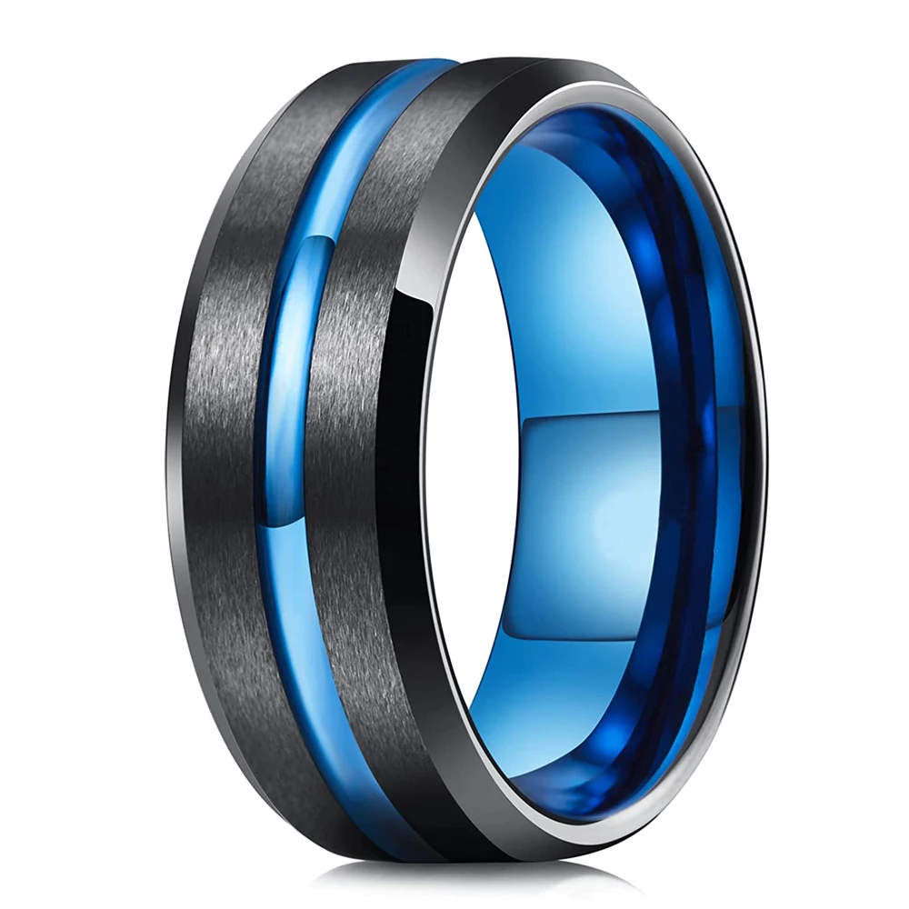 

Fashion Men's 8mm Black Tungsten Wedding Band Rings Blue Groove Beveled Edge Men’s Engagement Ring Valentine Gift Free Shipping