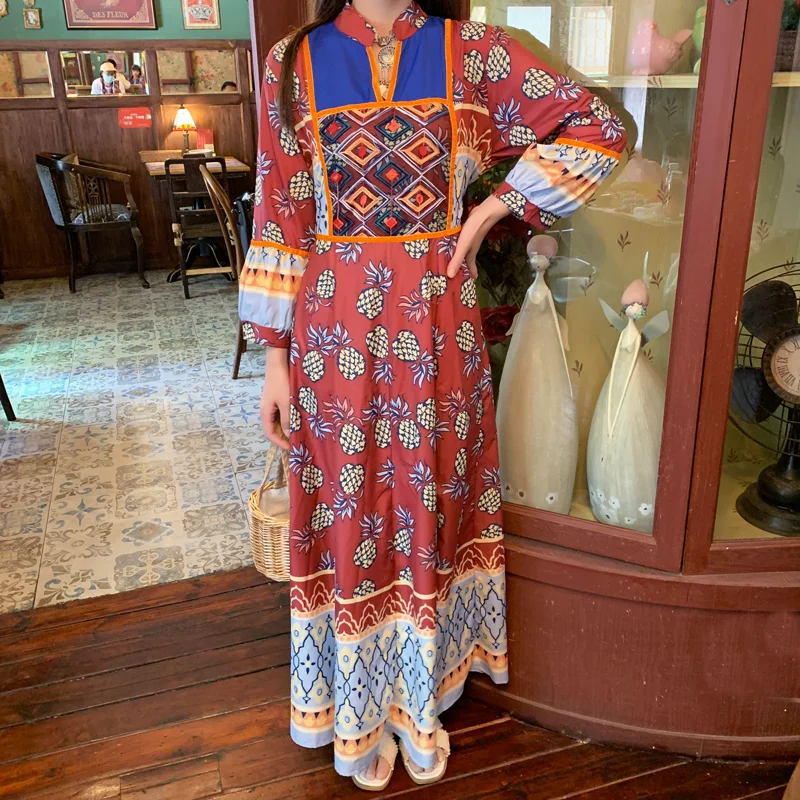 

Dresses ShaoKorean fashionBohemian Ethnic Style Machine Embroidery Printed Long Dress Vacation Retro Dress Kawaii