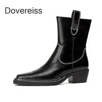 dovereiss fashion womens shoes winter brown genuine leather concise square toe chunky heels ankle boots block heels 33 40 41