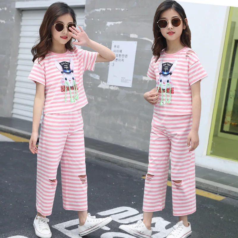 

DIIMUU Baby Girls Clothing Sets 2pcs Children Wear T-shirt + Pants 4-13 Years Fashion Striped Cartoon Tops Kids Summer Outfits