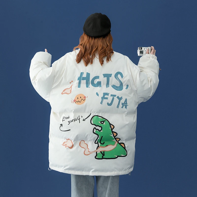 

Oversized Warm Winter Coat Female Streetwear Weird Girl Windproof Cartoon Graffiti Dinosaur Print Down Cotton Jacket Women Parka