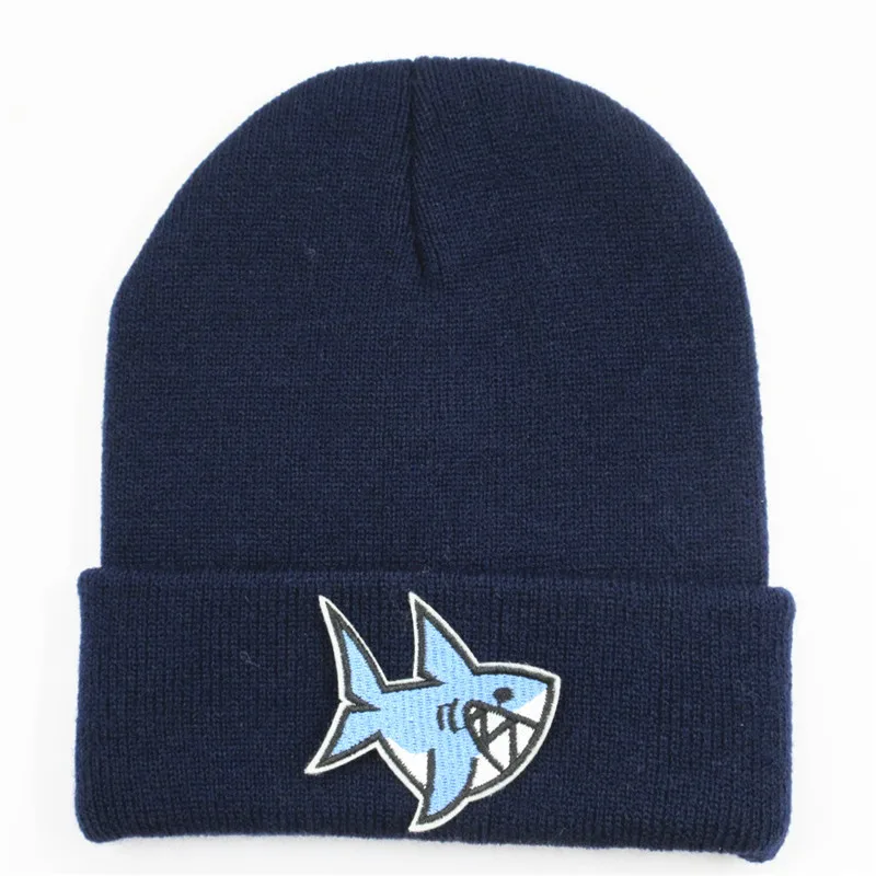 Хлопковая утепленная вязаная шапка с мультяшной вышивкой акулы зимняя теплая