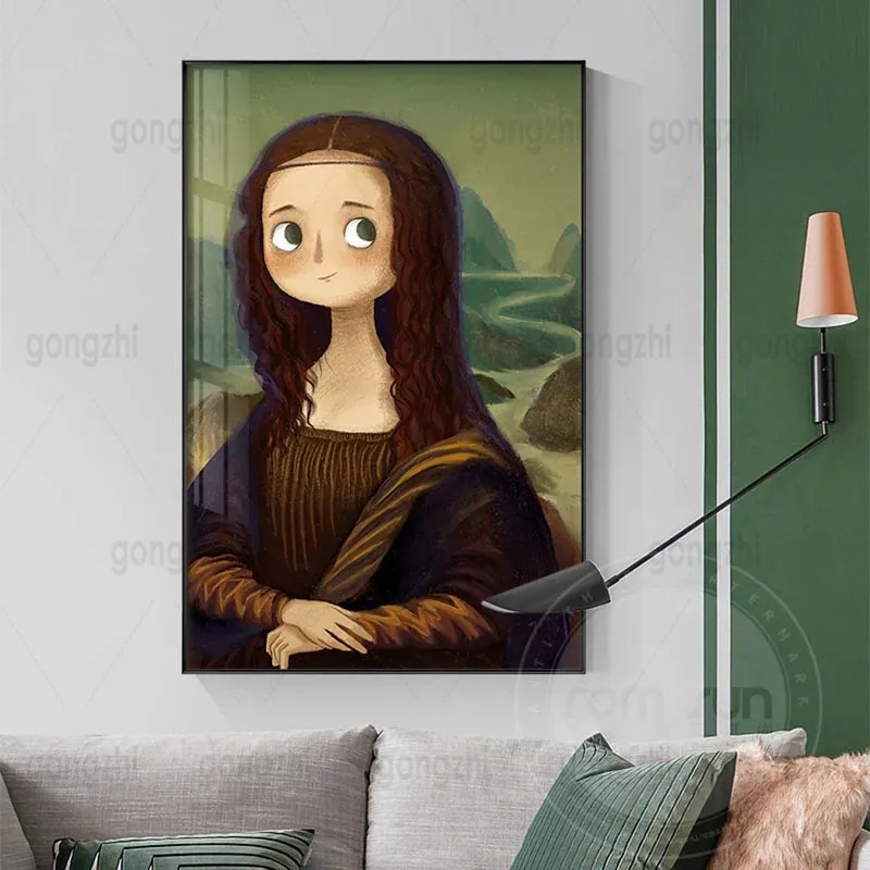 

Retro Cute Cartoon World Famous Painting Mona Lisa Smile Girl with Pearl Earrings Hd Print Home Decoration Frameless Poster