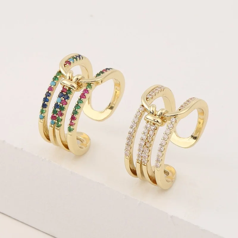 

2021 New Fashion Rainbow 3A Zircon 4 Layers Wide Open Rings Resizable Stackable Ring for Women Girls 18K Gold Plated Jewelry