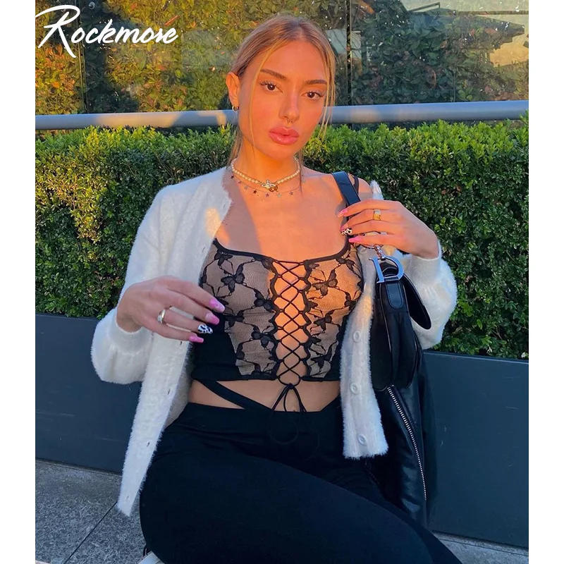 

Rockmore Gothic Butterfly Lace Up Sexy Hollow Out Tank Tops Women Black Vintage Streetwear Sleeveless Crop Top Goth Mini Vest