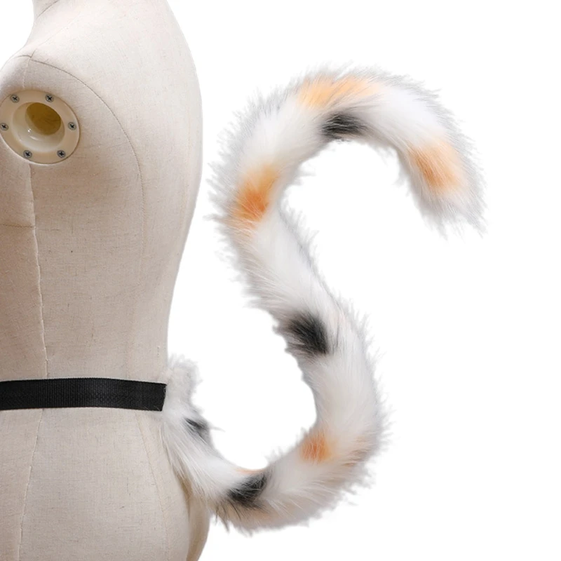 

Handmade Faux Fur Plush Long Animal Tail Triple Color Flower Kitten Cosplay Prop 066C