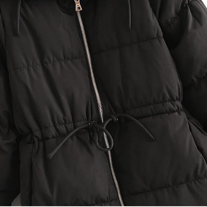 

Hooded Winter Warm Women's Jacket with Drawstring Zipper Top Korean Style Sweet Long Bread Chic Female Coat Tops