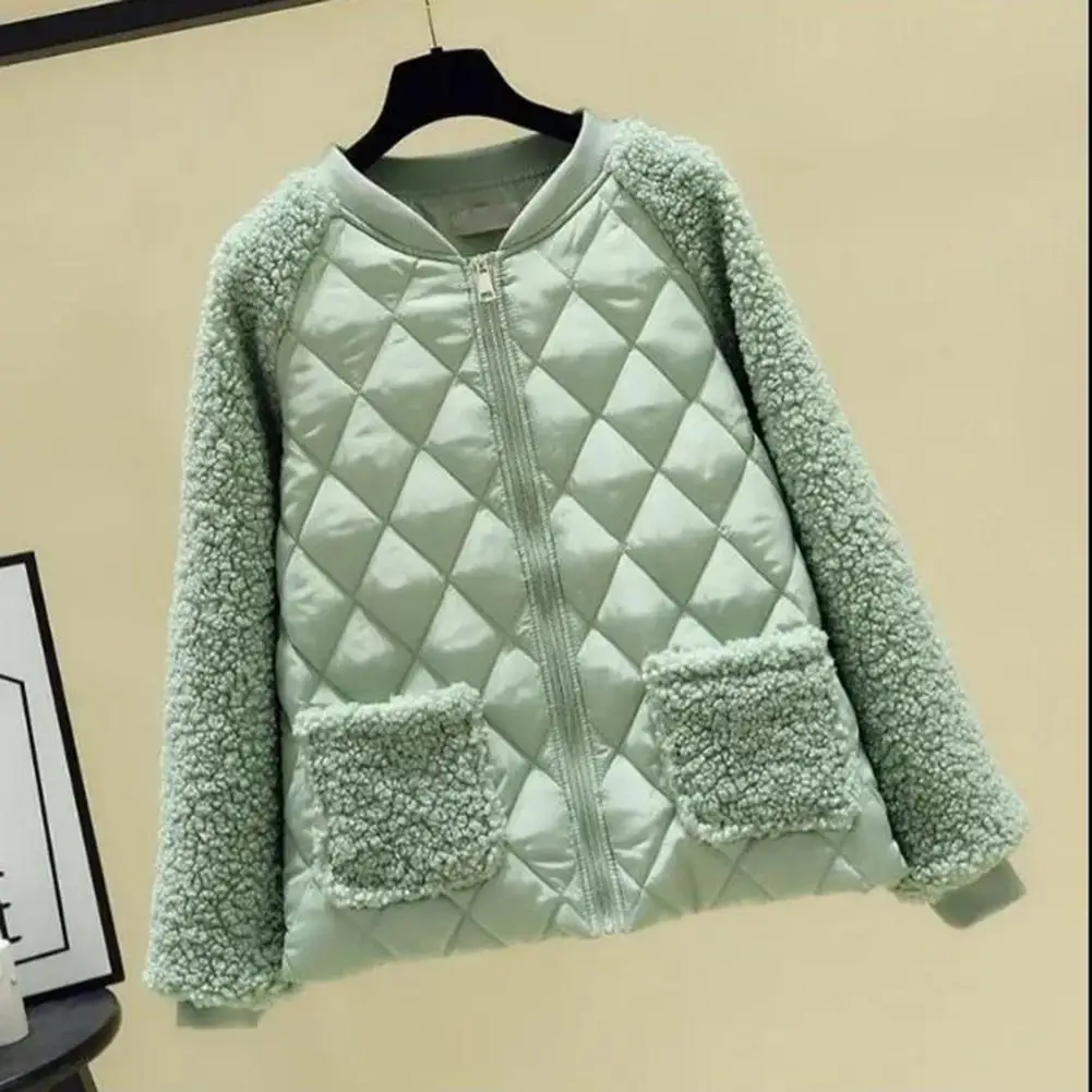 

Women Coat Cotton Padded Faux Cashmere Patchwork Autumn Winter Thick All Match Quilted Coat for Daily Wear