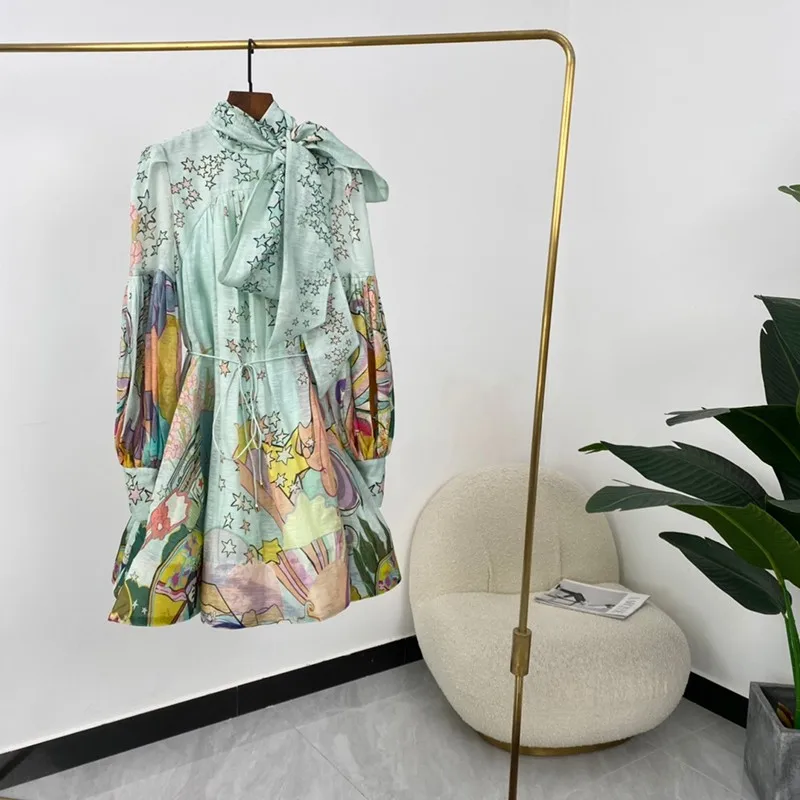 

2021 New Autumn Women Fashion Mint Cartoon Half High Collar Lantern Sleeve Mini Dresses High Quality