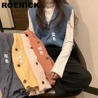 roenick sweaters vests women solid v neck knitted single breasted sweater vest womens preppy style cardigans all match trendy