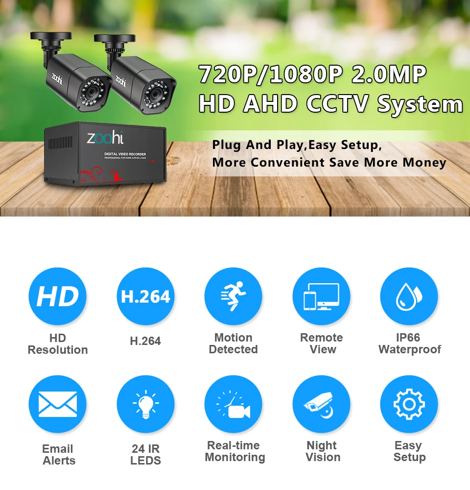 Zoohi CCTV 2CH 720 P/1080 P комплект камеры AHD P2P HDMI H. 264 DVR система видеонаблюдения Водонепроницаемая наружная камера безопасности комплект